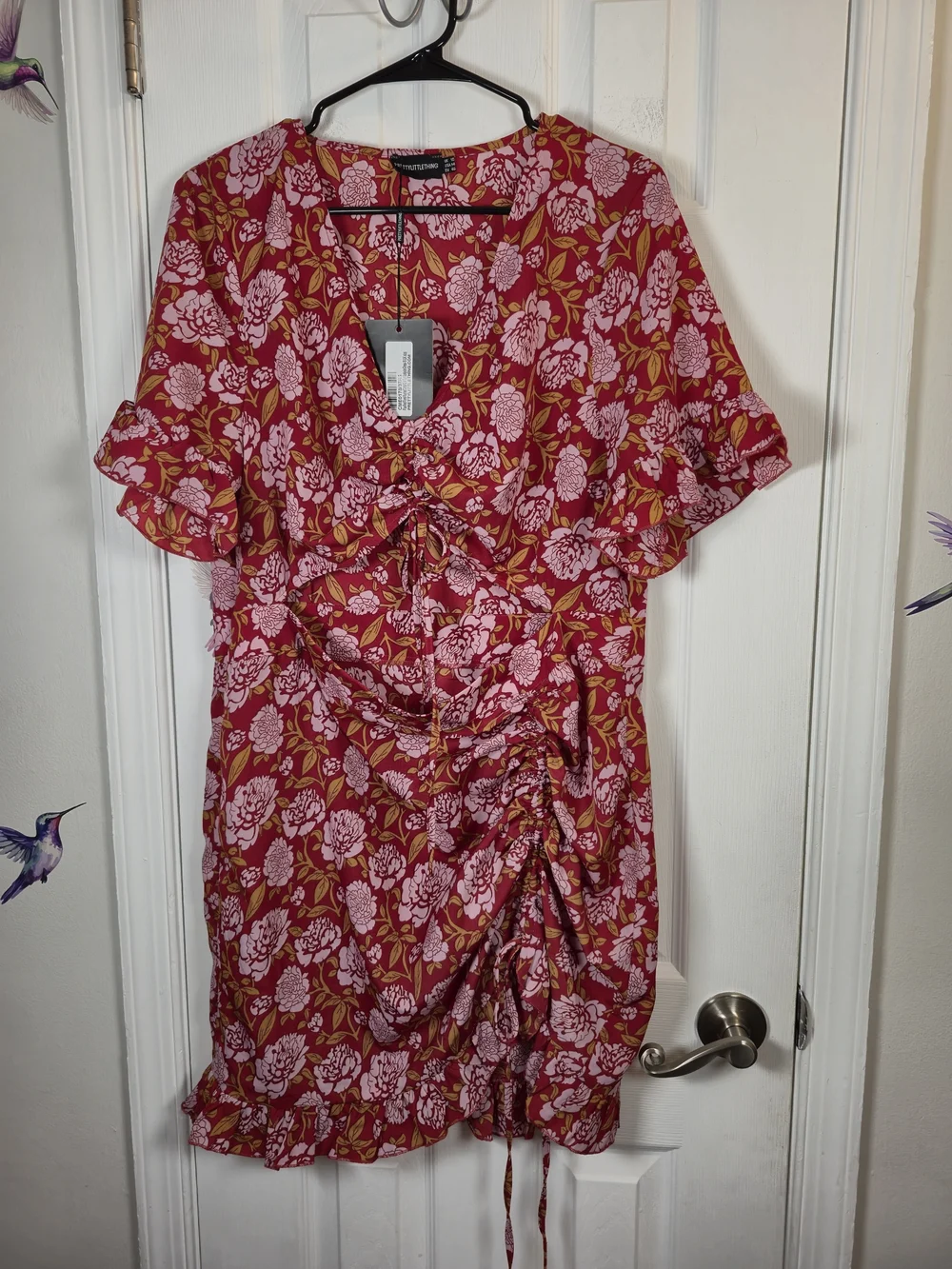 PrettyLittleThing Floral Cutout V-Neck Ruched Mini Dress Burgundy Pink Size 14 - Picture 2 of 6